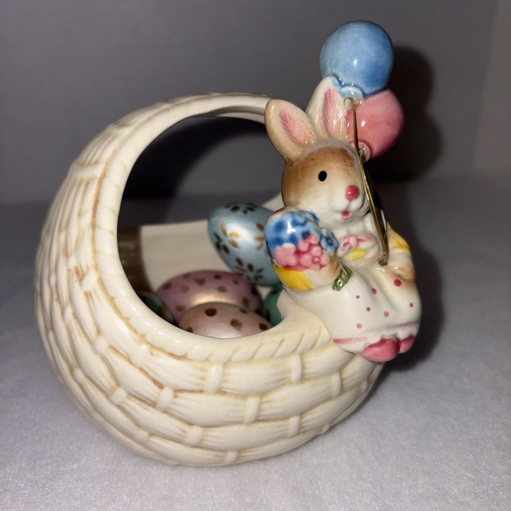 Vintage Lefton Ceramic Easter Basket With Bunny Hand Painted Holding Eggs,